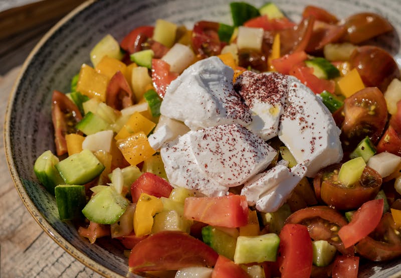 Burrata and heirloom tomato salad starter at Marcos
