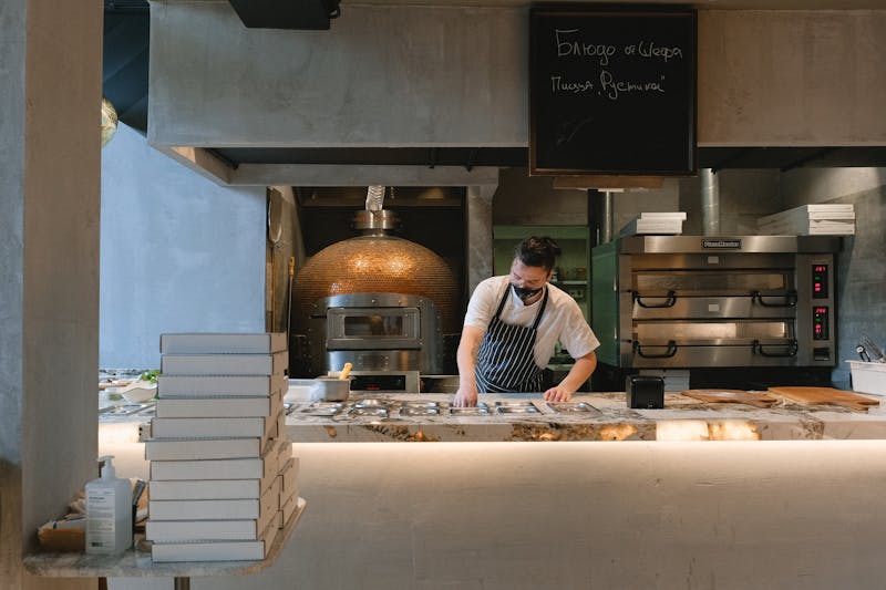 The pizza bar and open kitchen at Marcos restaurant